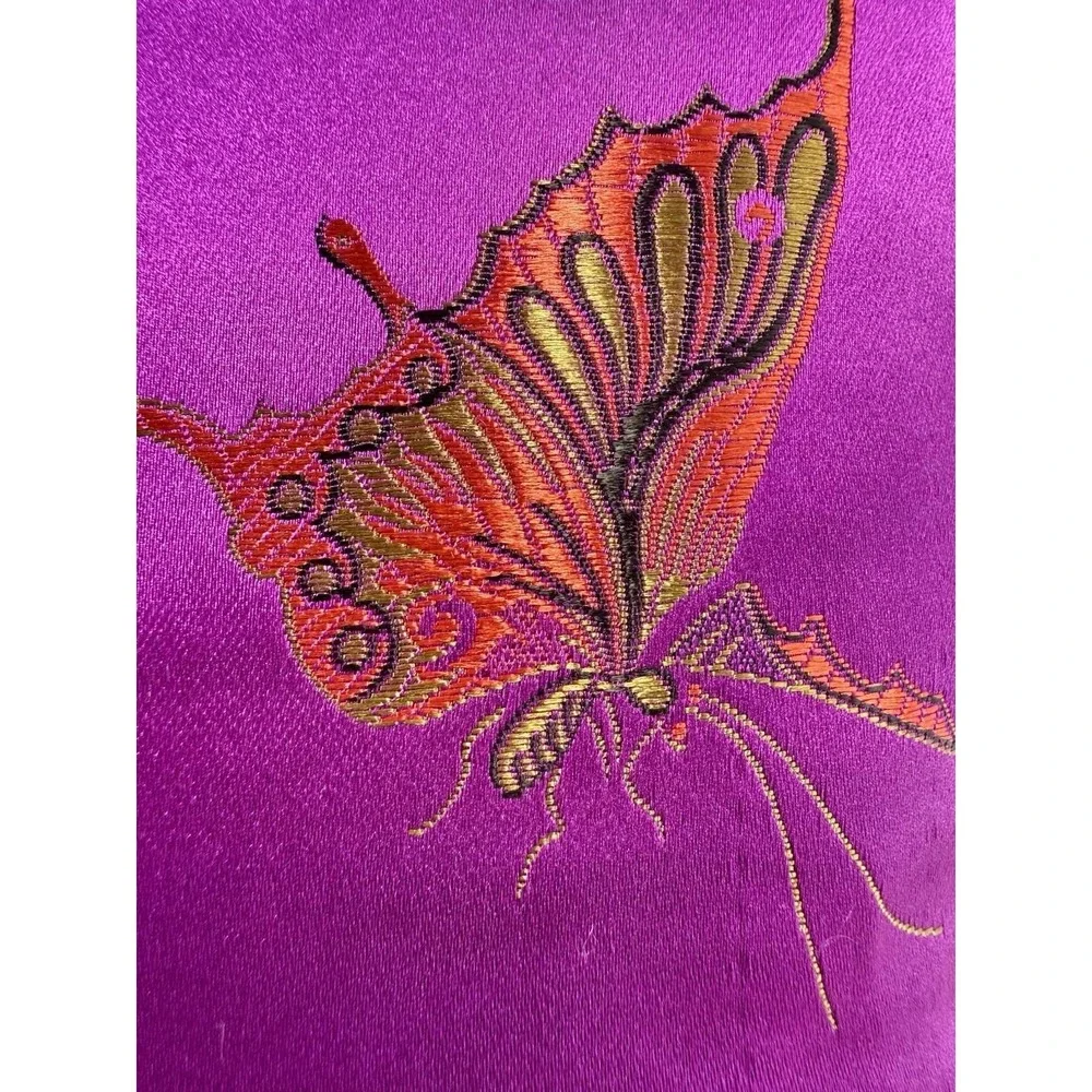 Handmade Embroidered Floral Butterfly Throw Pillow 12x12 Purple‎ Satin EUC